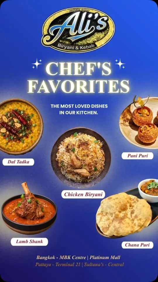 Chef's Favorites poster: Dal Tadka, Pani Puri, Chicken Biryani, Lamb Shank, Chana Puri